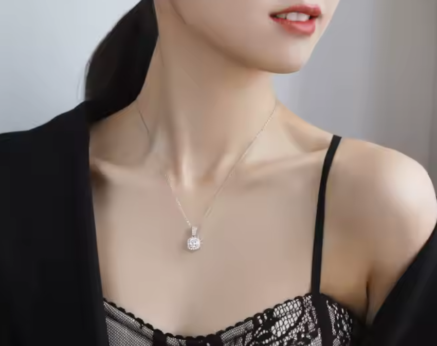 Nerissa: 1 Carat D Color VVS1 Moissanite Cushion Halo Pendant