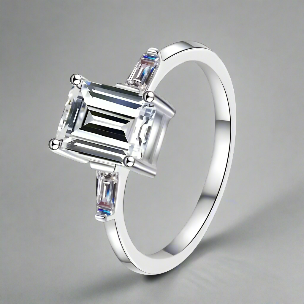 Theodora: 2 Carat D Color VVS1 Moissanite Ring with 3-Stone Emerald Cut Design