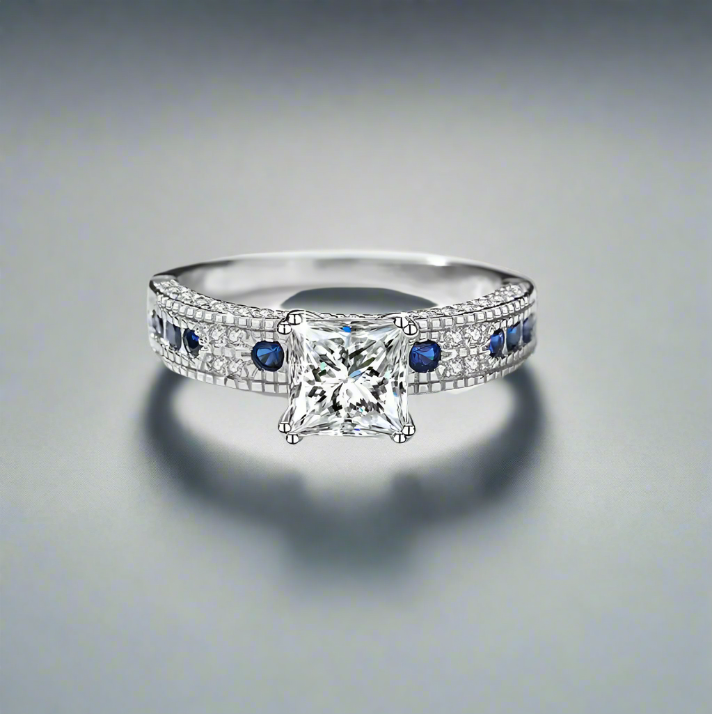Royale: 1.2 Carat Princess Cut Moissanite Ring with Lab Gem Accents