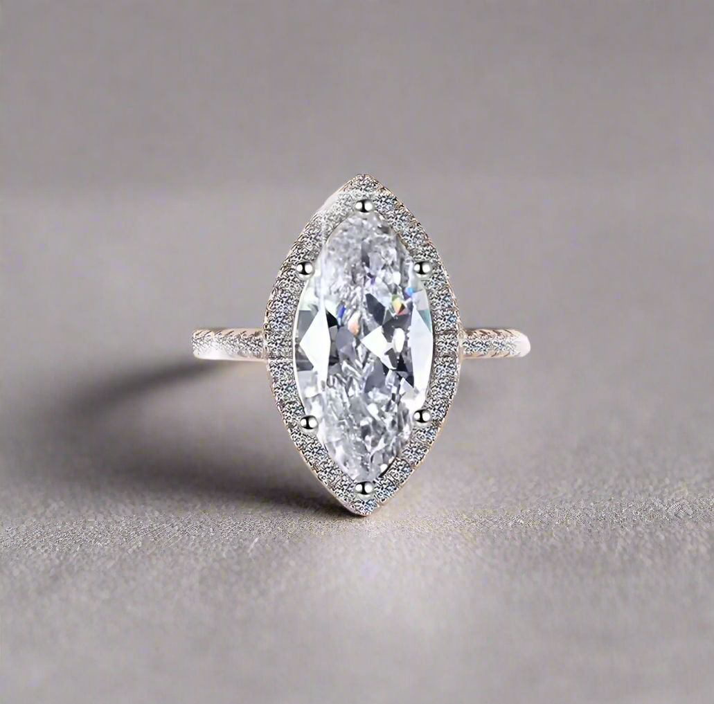 Marcelline: 5 Carat VVS1 Moissanite Ring with Marquise Halo Design