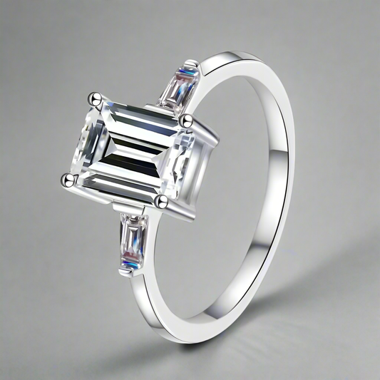 Theodora: 2 Carat D Color VVS1 Moissanite Ring with 3-Stone Emerald Cut Design