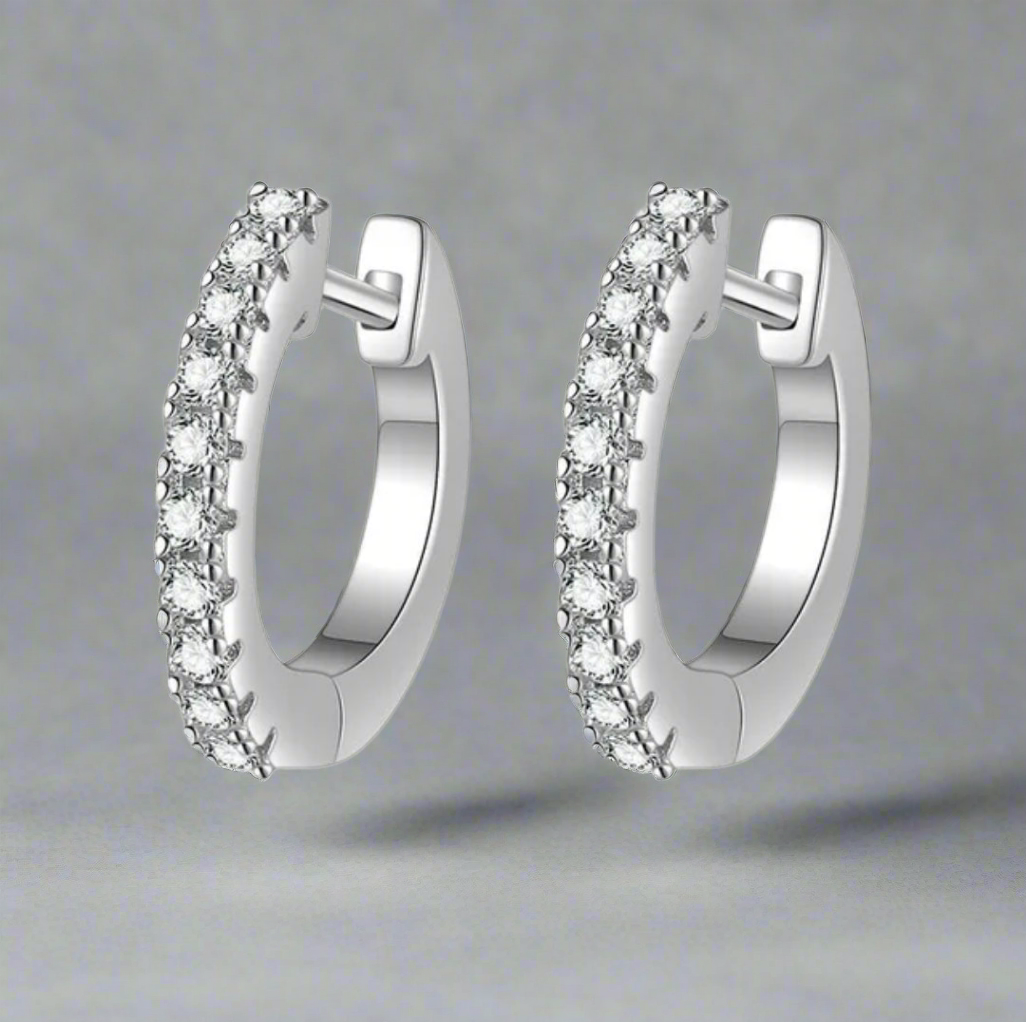 Embrace: Moissanite Pavé Huggie Earrings in Rhodium-Plated S925 Silver