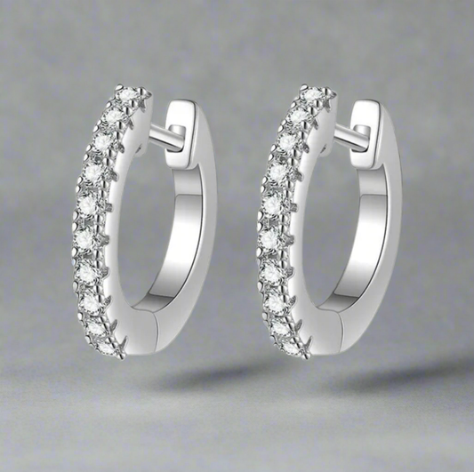 Embrace: Moissanite Pavé Huggie Earrings in Rhodium-Plated S925 Silver